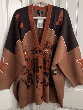 Dressed in Lala - horse karma Western-Print Cardigan Sweater - Rust & Chocolate